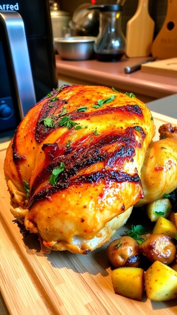 A crispy air fryer chicken half garnished with herbs, served on a wooden board with roasted vegetables.